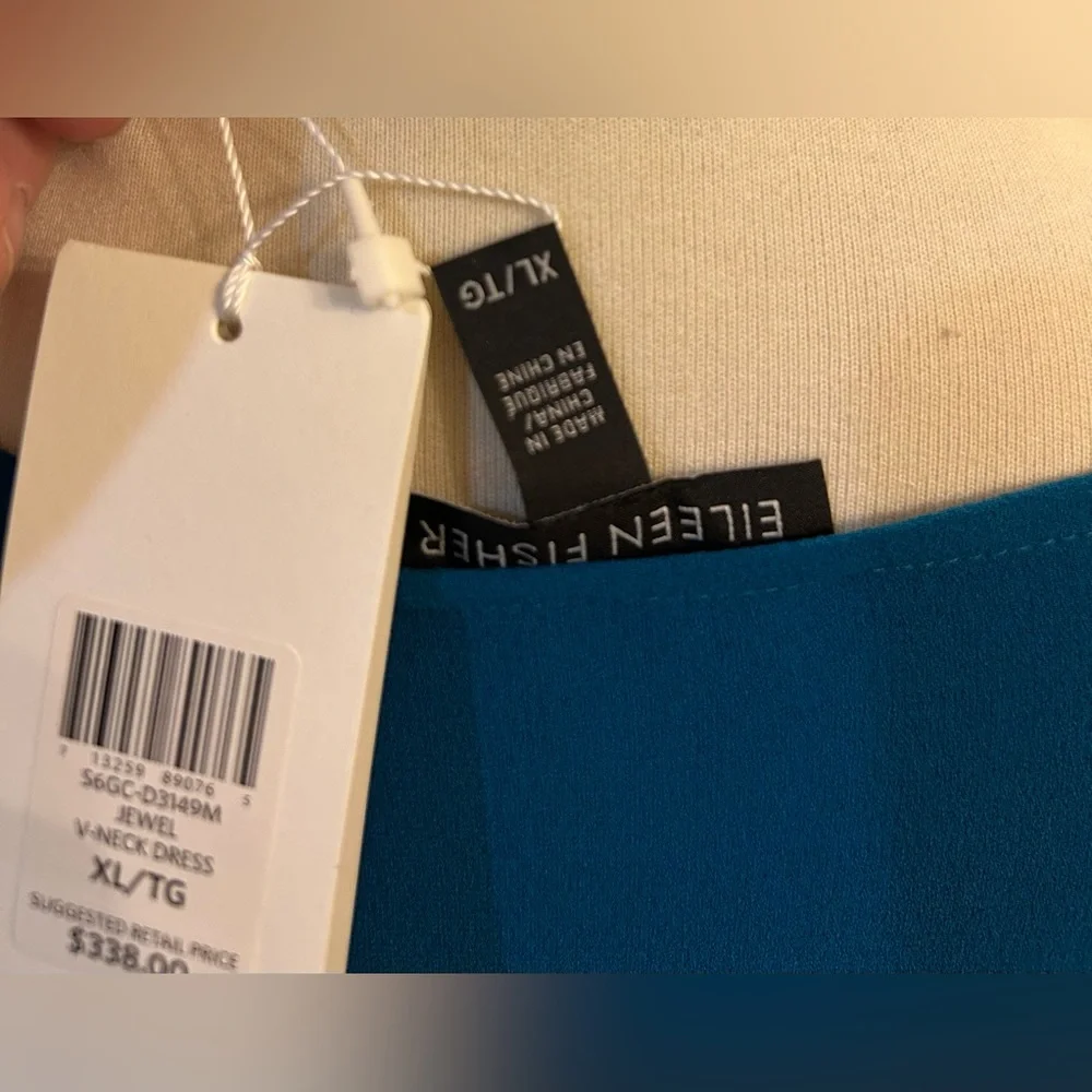 EILEEN FISHER Silk Georgette Crepe V-Neck Dress in Jewel. Size XL NWT - Picture 8 of 14